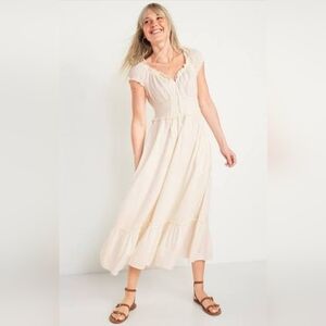 Old Navy Cream Waist-Defined Puff-Sleeve Clip-Dot Midi Dress in size XS.